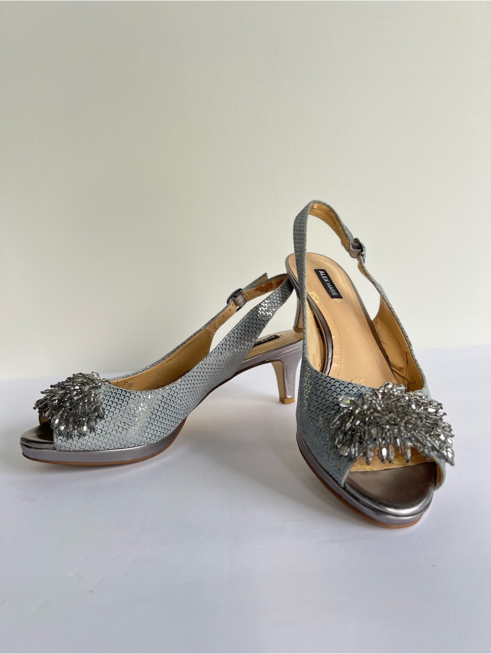 Alex Marie Silver Slingback Heels with Crystal Tassel Accent